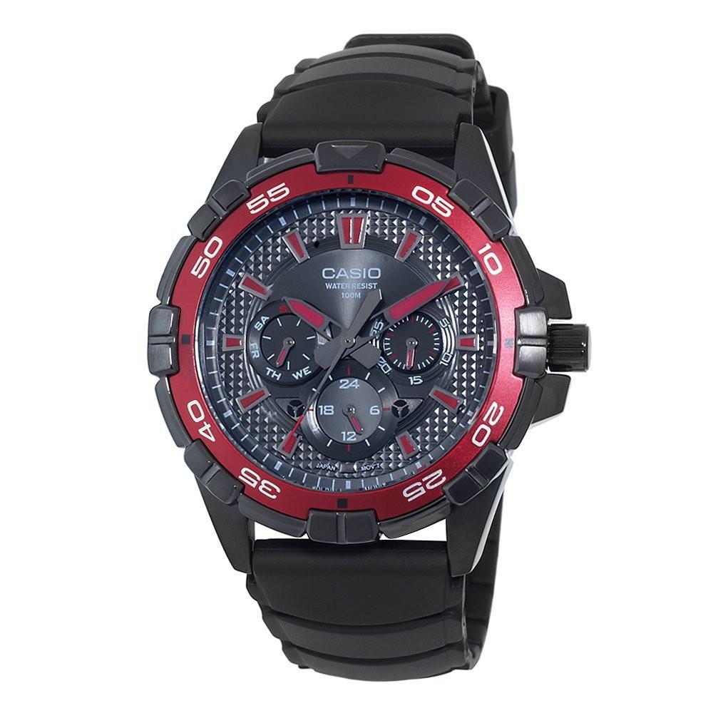 Casio Mens Round Analog Black Red Dial Black Resin Strap Watch