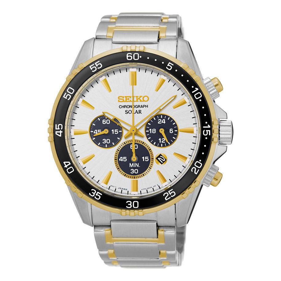 Seiko Men's Solar Chronograph Two Tone with Black Bezel